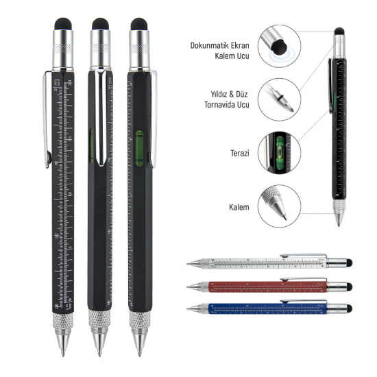 652 Kırmızı Metal Su Terazili - Tornavidalı Touchpen Kalem