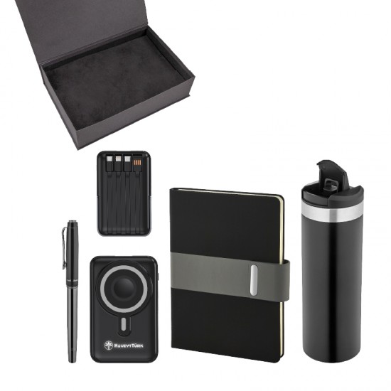 5078 Siyah Kalem & Defter & Powerbank & Termos Set