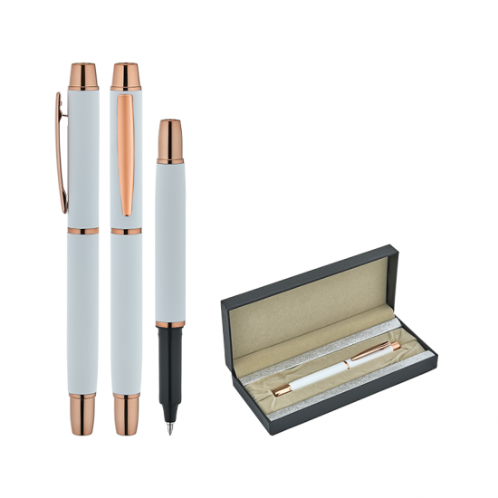 1256-KR Beyaz Metal Roller & Tükenmez Kalem Seti