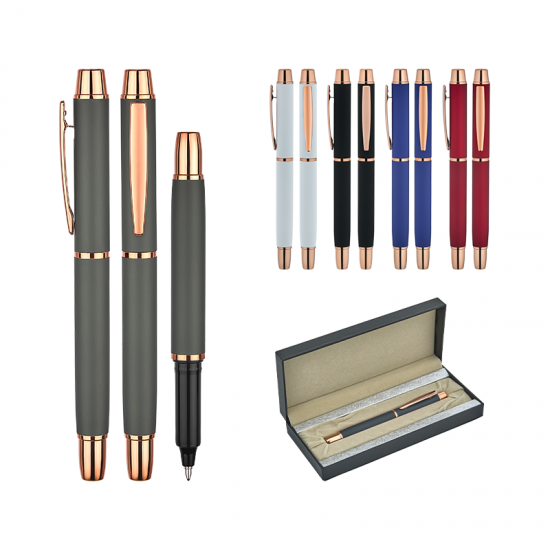 1256-KR Kırmızı Metal Roller & Tükenmez Kalem Seti